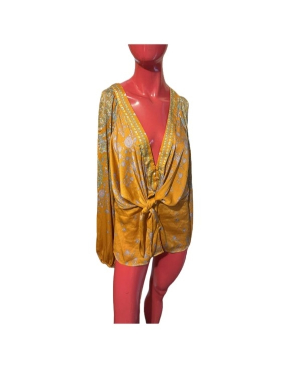 Free People Golden Yellow Tie-Front V-Neck Blouse with Print